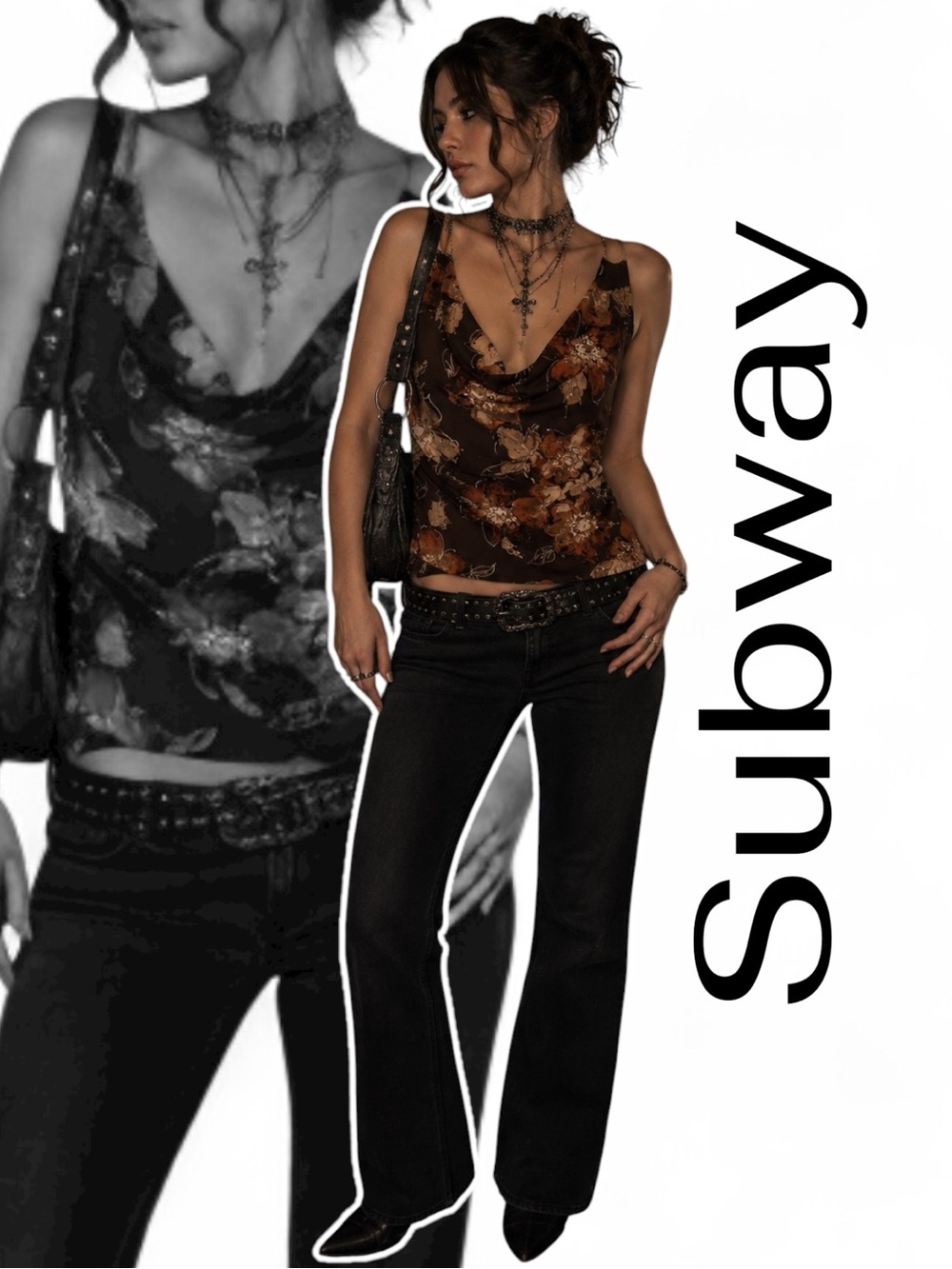 🇨🇦 Vintage 90s Brown Dark Floral Cowl Neck Sleeveless Top Y2K Boho Whimsigoth